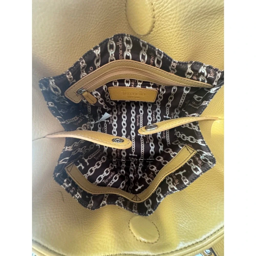 Tignanello Mustard Yellow Pebbled Leather Satchel Buckle Handbag Silver Hardware